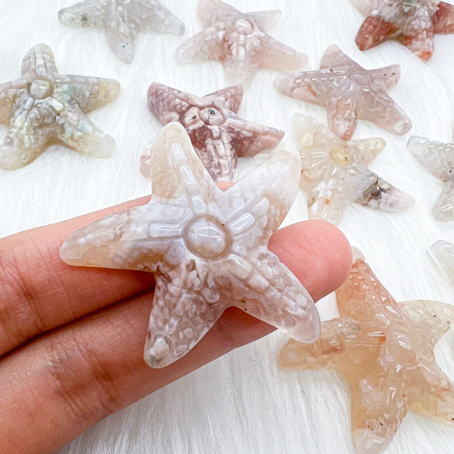1pc Natural Flower Agate Starfish Quartz Crystal Carved Skull Healing Reiki Gift